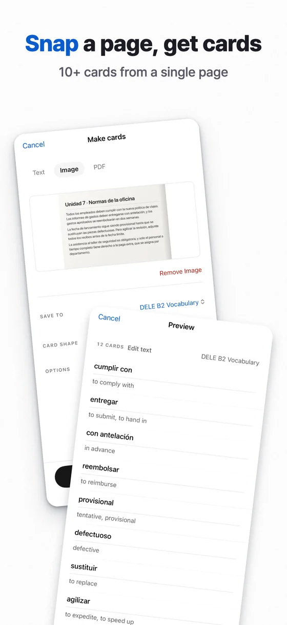 Slide 1: Snap a page, get cards. 10+ cards from a single page