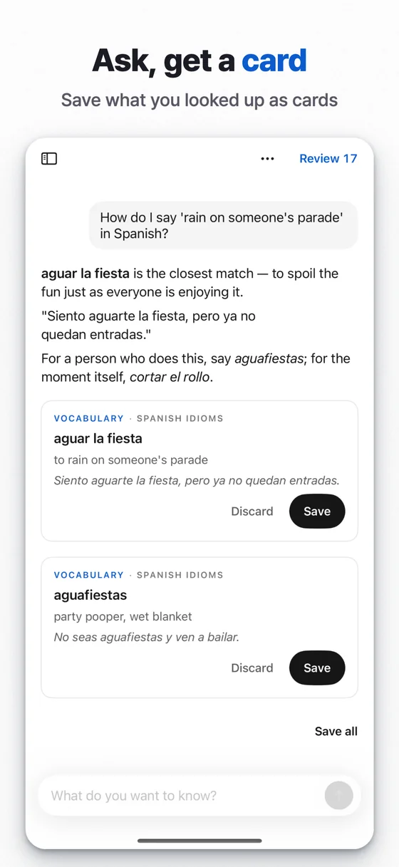 Slide 3: Ask, get a card. Save what you looked up as cards
