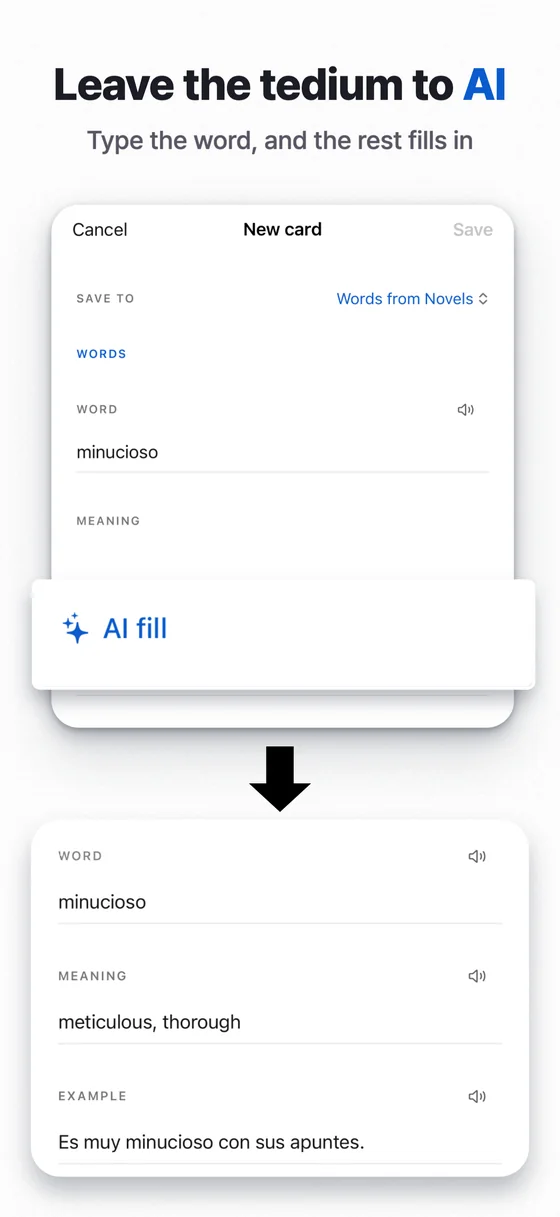Slide 6: Leave the tedium to AI. Type the word, and the rest fills in