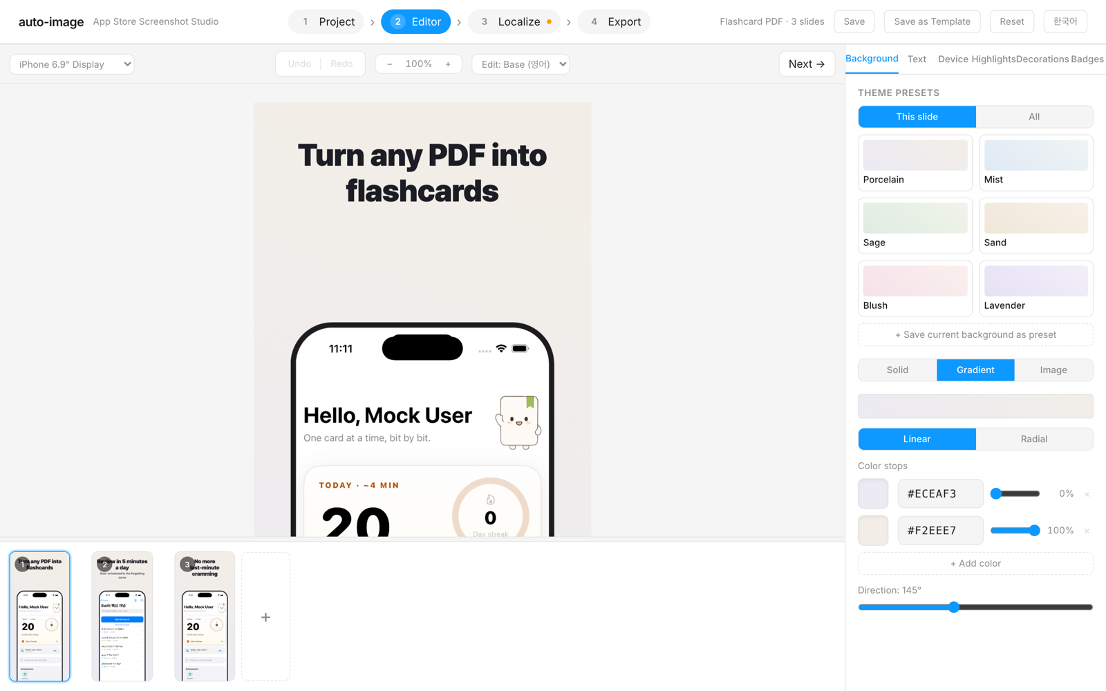 The App Store Screenshot Studio editor: a canvas with an iPhone frame and caption, slide thumbnails, and a properties panel