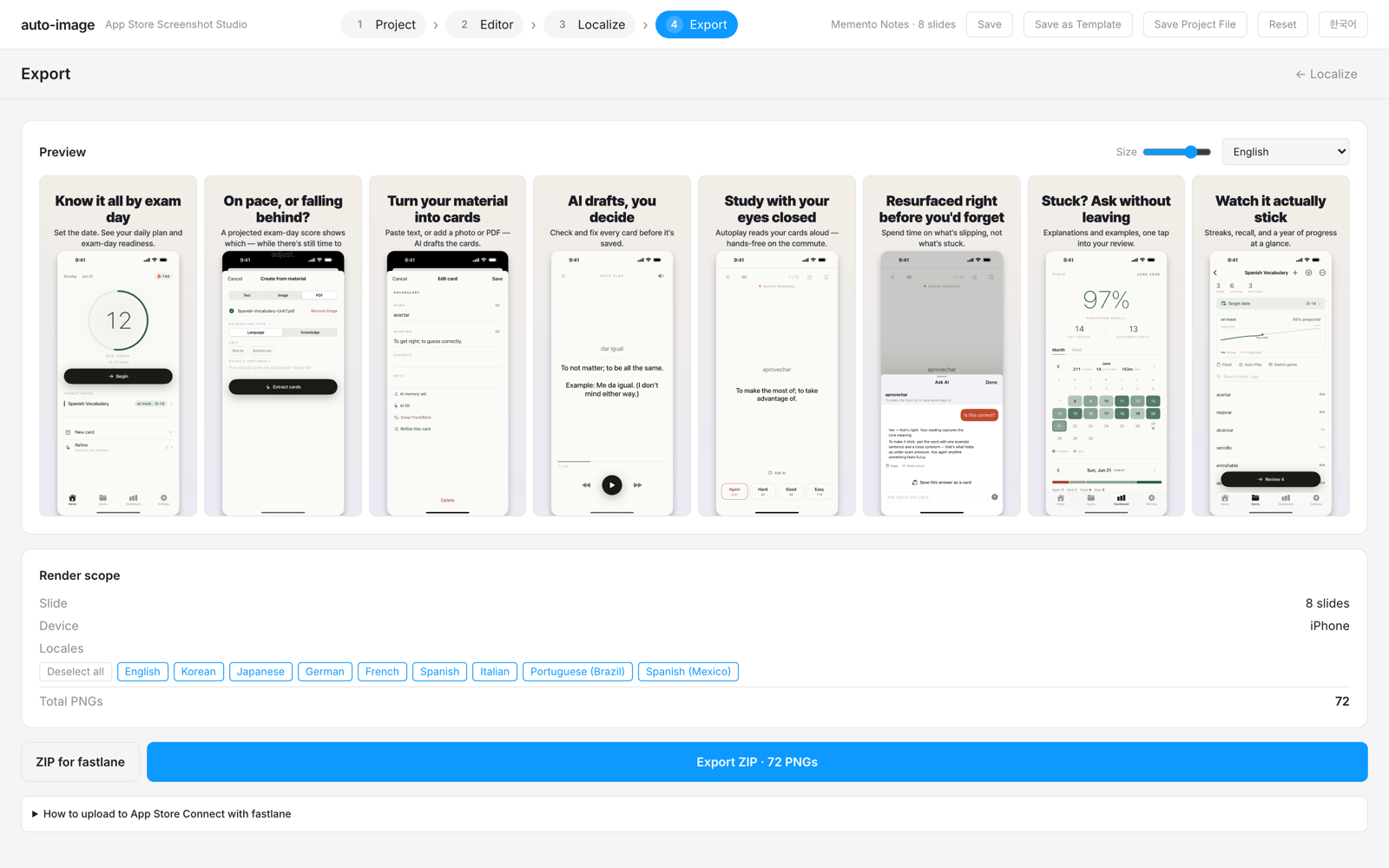 The Export step: live previews of all eight slides and a one-click ZIP export of 72 App Store-ready PNGs