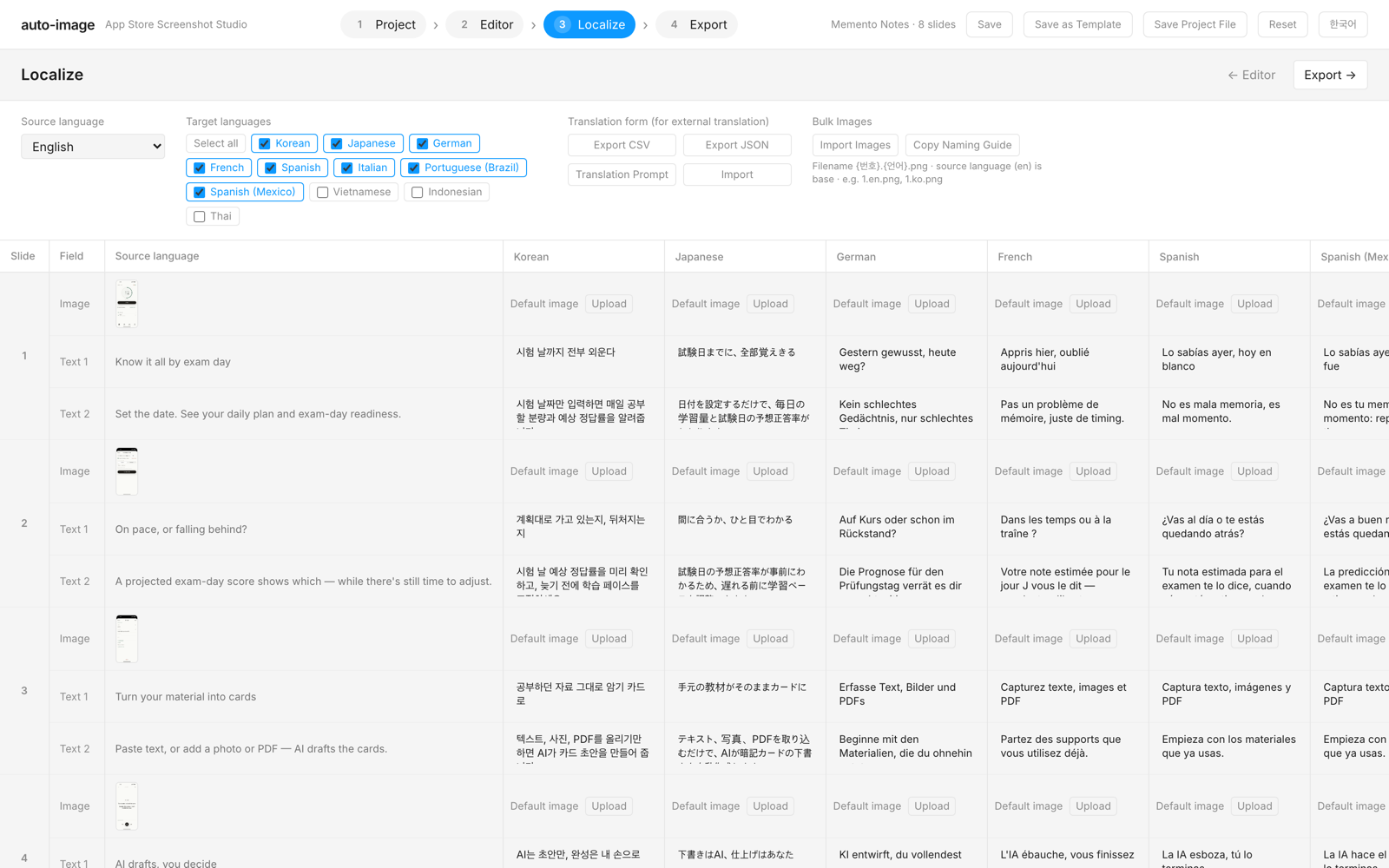 The Localize step: a slide-by-language caption table with per-locale screenshots across nine languages